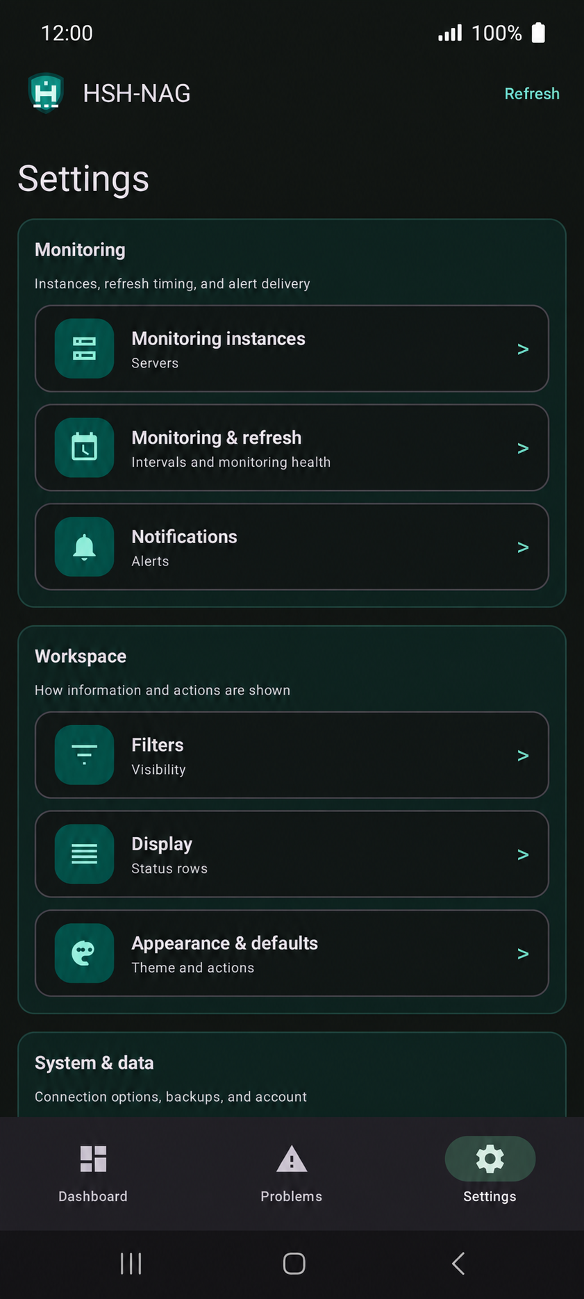 HSH-NAG settings screen for monitoring, notifications and display preferences